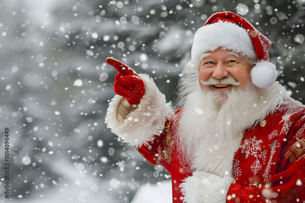 Santa claus pointing finger on empty space. Christmas advertising. Winter christmas background. High quality photo Santa claus pointing finger on empty space. Christmas advertising. Winter christmas background. High quality photo