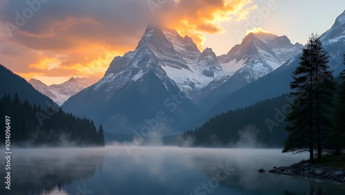 Misty dawn over a lake with mountains in the background.