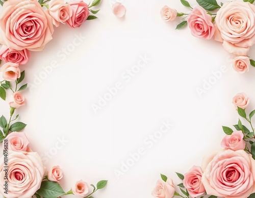 Fototapeta Naklejka Na Ścianę i Meble -  Delicate pink roses surround a blank space, perfect for writing personal messages. This lovely floral arrangement adds elegance to any occasion. Background for birthday, mother day, valentine day. AI