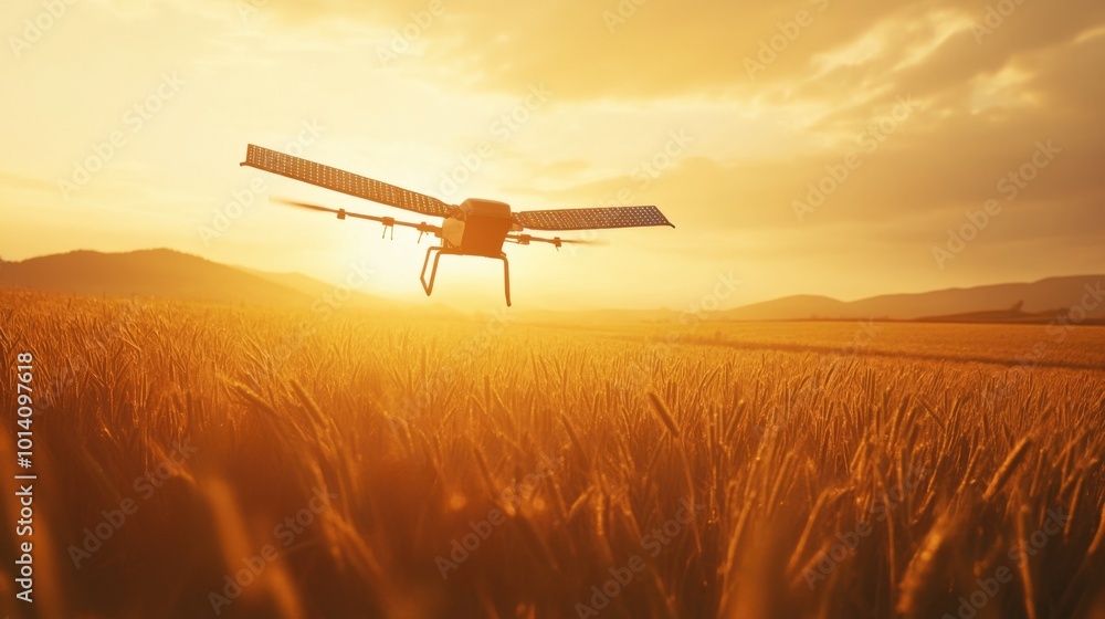 A solar-powered drone flying over agricultural fields, monitoring crops and gathering data for efficient farming. A solar-powered drone flying over agricultural fields, monitoring crops and gathering data for efficient farming.