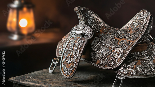an ornate Western saddle with silver accents, placed on a distressed table