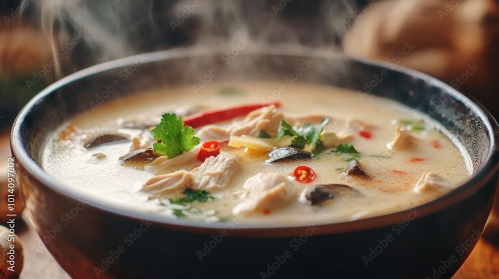 A steaming bowl of Thai chicken coconut soup (Tom Kha Gai), with lemongrass, mushrooms, and chili oil floating on top. A steaming bowl of Thai chicken coconut soup (Tom Kha Gai), with lemongrass, mushrooms, and chili oil floating on top.