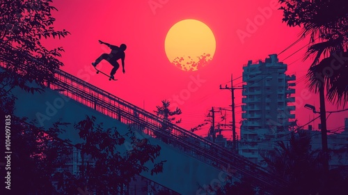 Freestyle skater gliding across a handrail in a vibrant urban environment creating an energetic and colorful vector wallpaper photo