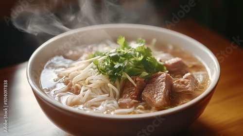 A steaming hot bowl of Thai pork noodle soup, with pork slices, rice noodles, bean sprouts, and fresh herbs.