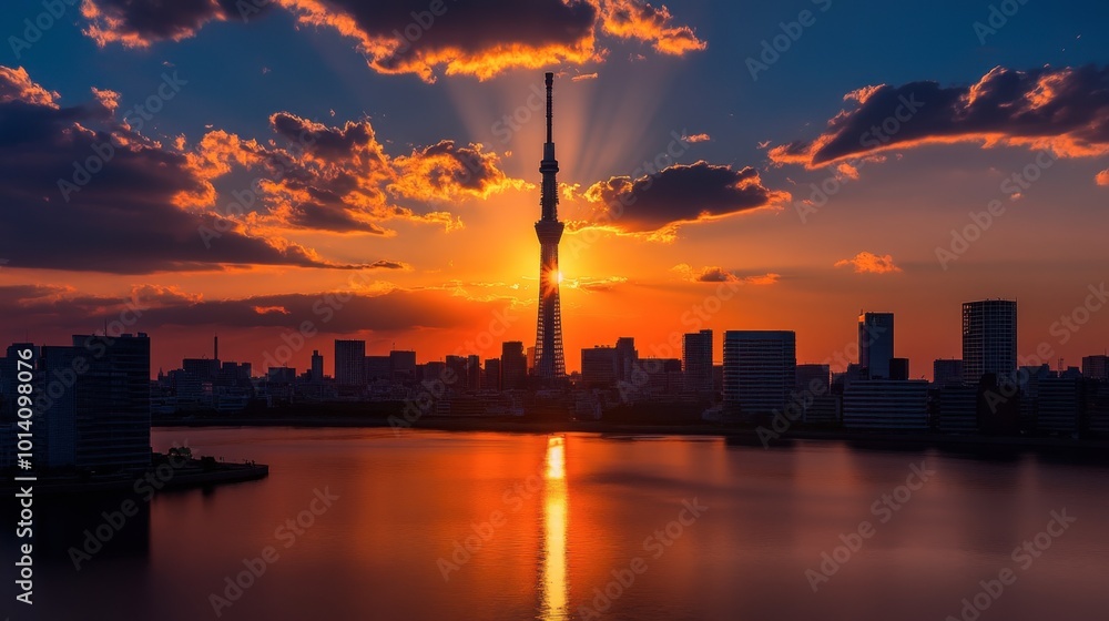 A stunning sunset over the Tokyo skyline, with the silhouette of the Skytree Tower in the distance. A stunning sunset over the Tokyo skyline, with the silhouette of the Skytree Tower in the distance.