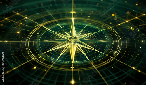 A holographic nautical compass on top of glowing lines representing network communication with sparkles of light in yellow and green tones