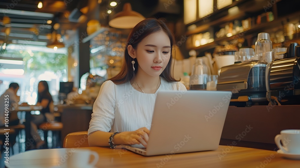 Young Asian woman using a laptop in a coffee shop, highlighting a blend of productivity and relaxation Young Asian woman using a laptop in a coffee shop, highlighting a blend of productivity and relaxation