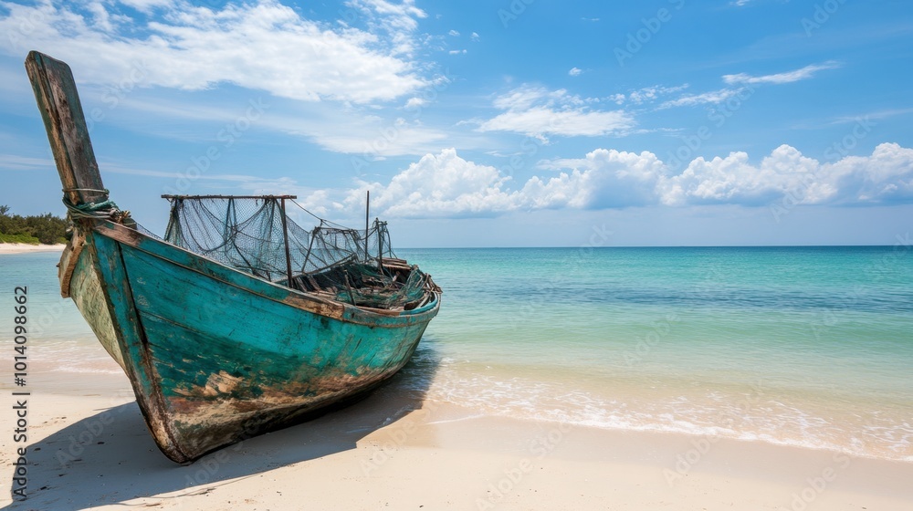 A traditional Vietnamese fishing boat anchored on a calm beach, with nets drying in the sun. A traditional Vietnamese fishing boat anchored on a calm beach, with nets drying in the sun.