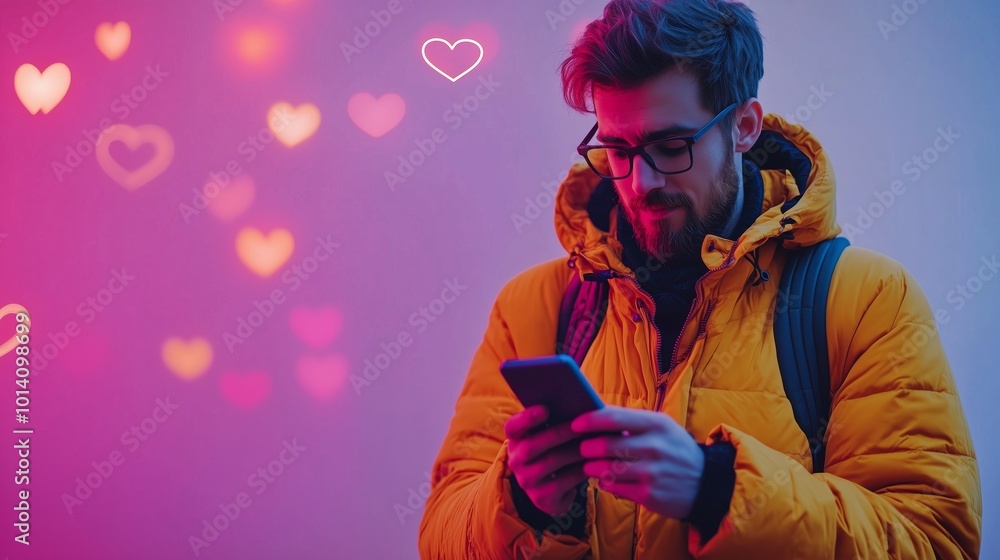 Social media and digital online communication concept man in love Social media and digital online communication concept man in love