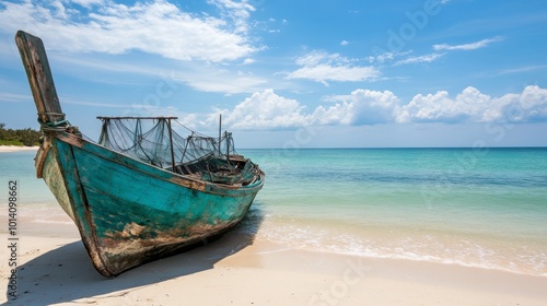 A traditional Vietnamese fishing boat anchored on a calm beach, with nets drying in the sun.