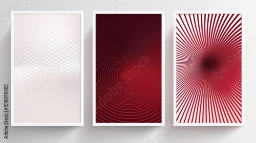 set of 3 frame Abstract maroon gradient poster background vector set. Modern cover template with maroon and white perspective geometric prism shape, halftone dot. Ideal design for social media, banner
