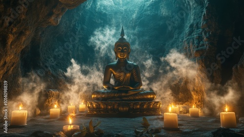 A tranquil scene of a Buddha statue sitting inside a cave, surrounded by flickering candles and incense smoke.