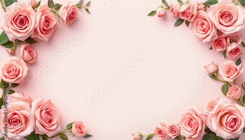 Fototapeta Naklejka Na Ścianę i Meble -  Delicate pink roses surround a blank space, perfect for writing personal messages. This lovely floral arrangement adds elegance to any occasion. Background for birthday, mother day, valentine day. AI