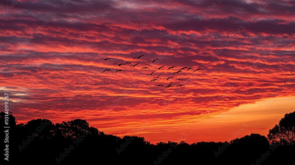 A vibrant orange and pink sky during sunset, with silhouettes of birds flying across the horizon. A vibrant orange and pink sky during sunset, with silhouettes of birds flying across the horizon.