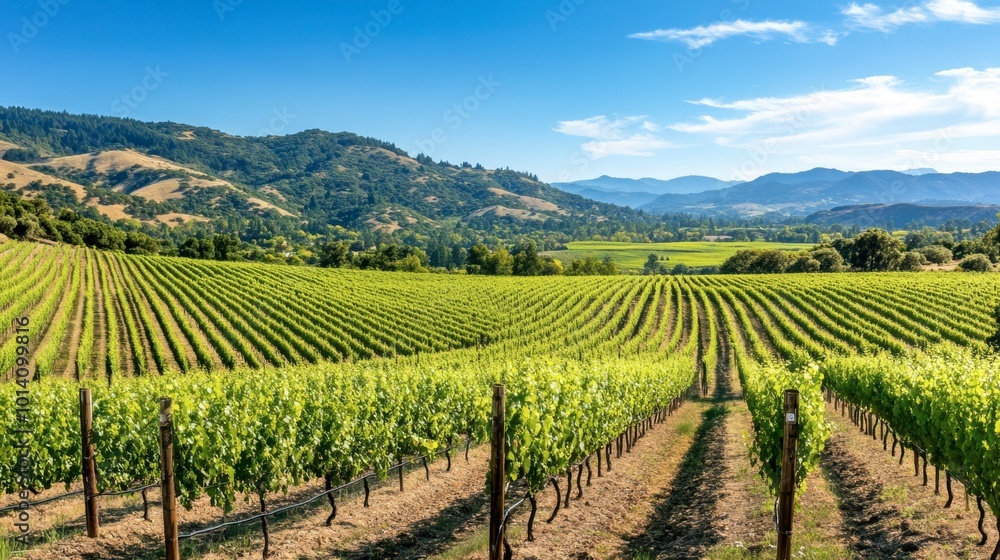 A view of rolling vineyards in a wine region, with mountains in the distance under a bright blue sky. A view of rolling vineyards in a wine region, with mountains in the distance under a bright blue sky.