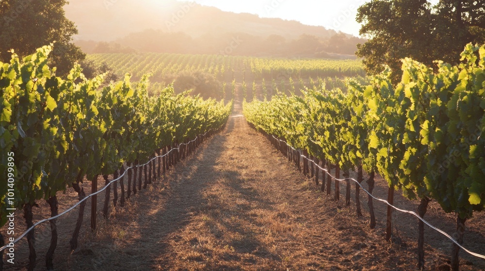 Fototapeta premium A vineyard during the golden hour, with long shadows cast by rows of grapevines and sunlight filtering through.
