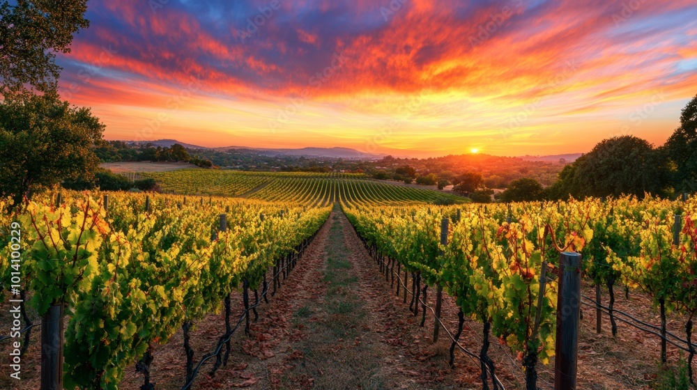 A wide view of a vineyard at sunset, rows of grapevines stretching into the distance under a colorful sky. A wide view of a vineyard at sunset, rows of grapevines stretching into the distance under a colorful sky.