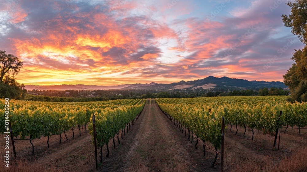 Fototapeta premium A wide view of a vineyard at sunset, rows of grapevines stretching into the distance under a colorful sky.