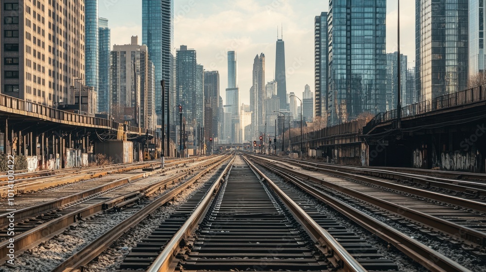 A wide-angle shot of railway tracks leading through a bustling cityscape, with skyscrapers and urban activity in the background. A wide-angle shot of railway tracks leading through a bustling cityscape, with skyscrapers and urban activity in the background.