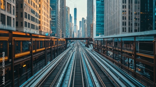 A wide-angle shot of railway tracks leading through a bustling cityscape, with skyscrapers and urban activity in the background.