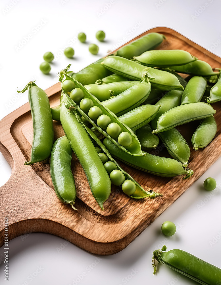 Green peas still in their skins placed on a cutting board on a white background Green peas still in their skins placed on a cutting board on a white background