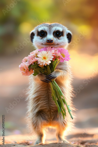 animal art, cute meerkat is carrying colorful flowers to you, antropomorphic, bokeh background, photorealistic