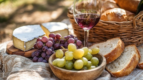 Grapes in a bowl next to a cheese platter, wine glass, and a loaf of rustic bread for a picnic spread.