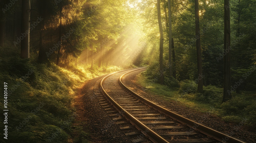 Railway tracks curving through a dense forest, with tall trees and sunlight filtering through the branches. Railway tracks curving through a dense forest, with tall trees and sunlight filtering through the branches.