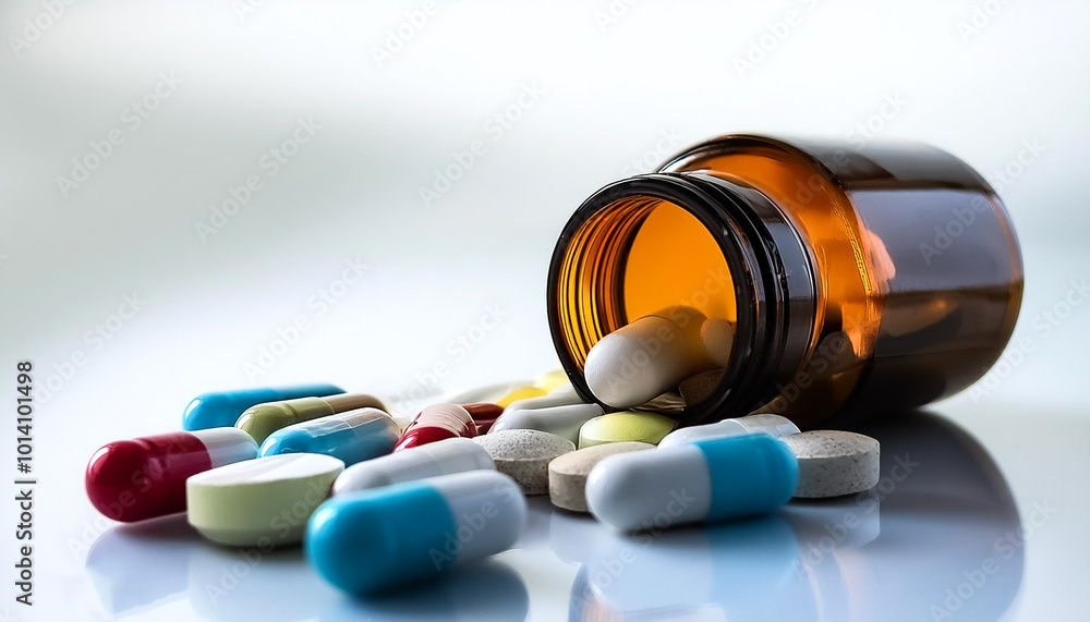 medicine or supplements such as capsules or tablets placed on a white surface medicine or supplements such as capsules or tablets placed on a white surface