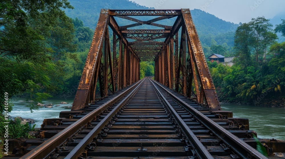 Railway tracks leading over a rusty, old bridge with a river flowing beneath, framed by a scenic countryside. Railway tracks leading over a rusty, old bridge with a river flowing beneath, framed by a scenic countryside.