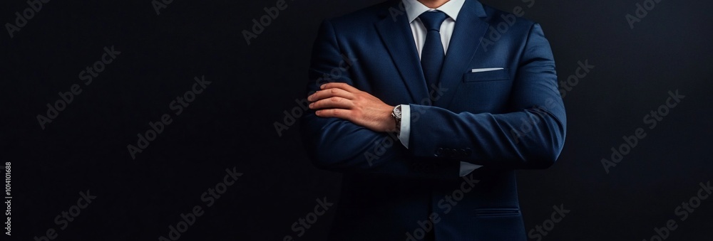 A businessman in a suit with arms crossed against a dark background. A businessman in a suit with arms crossed against a dark background.