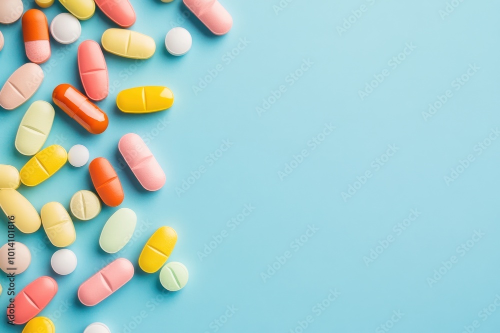 Colorful pills and capsules on blue Colorful pills and capsules on blue