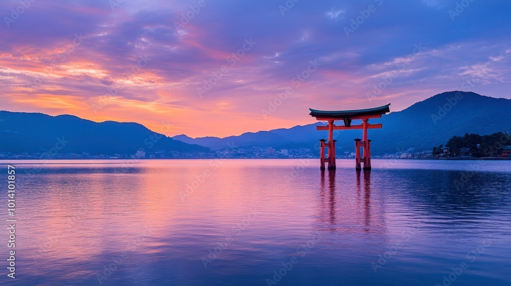 The iconic red torii gate of Itsukushima Shrine rising from the waters of the Seto Inland Sea at sunset. The iconic red torii gate of Itsukushima Shrine rising from the waters of the Seto Inland Sea at sunset.