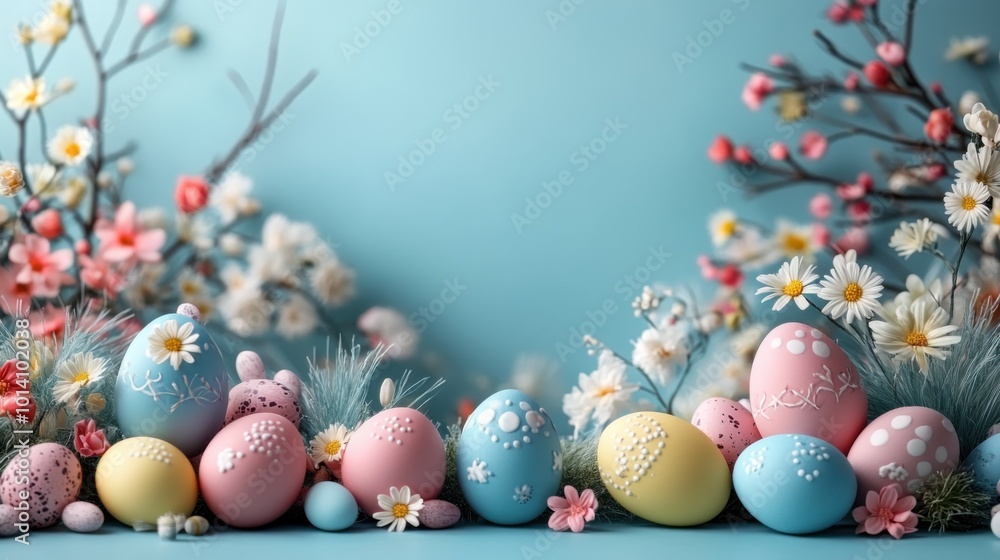 Brightly colored easter eggs are lined up against a blue background Brightly colored easter eggs are lined up against a blue background