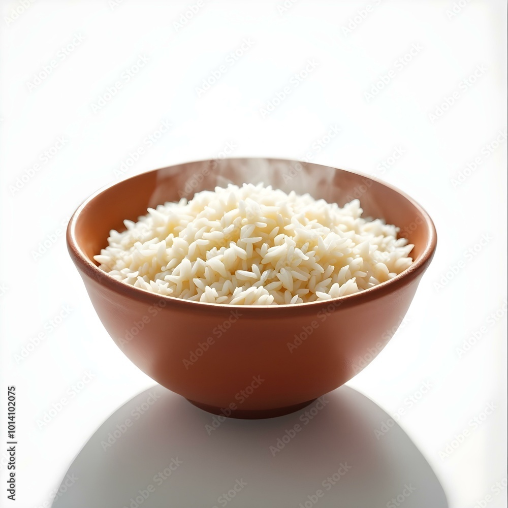 Steaming White Rice in Rustic Terracotta Bowl on Clean White Background – High-Quality Food Stock Photo Steaming White Rice in Rustic Terracotta Bowl on Clean White Background – High-Quality Food Stock Photo