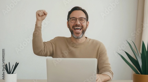 an overjoyed businessman sitting in the modern office, with his laptop in front and one hand raised up in joy as he smiles after receiving good news online or watching funny videos.