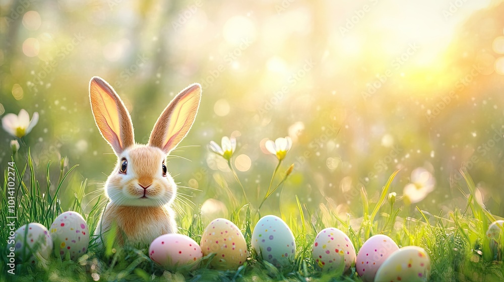 Image of an Easter bunny in a spring meadow with Easter eggs. Image of an Easter bunny in a spring meadow with Easter eggs.