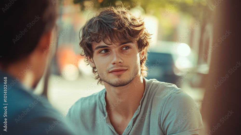 A young and handsome man is talking to a friends, Photography, Bright scenery, Urban A young and handsome man is talking to a friends, Photography, Bright scenery, Urban