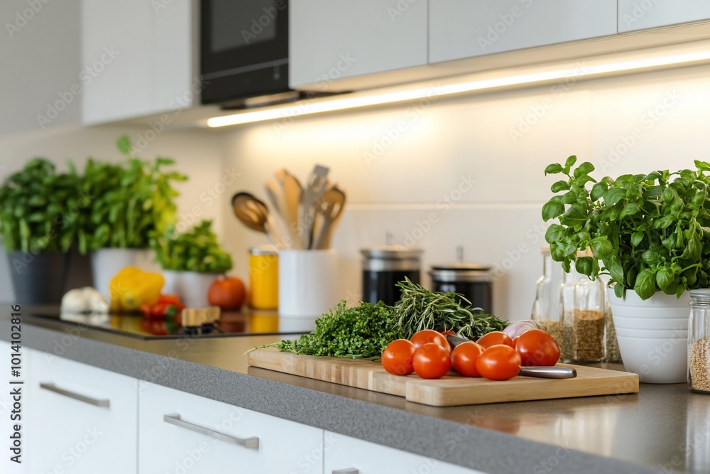 A modern kitchen countertop with fresh vegetables and herbs. A modern kitchen countertop with fresh vegetables and herbs.