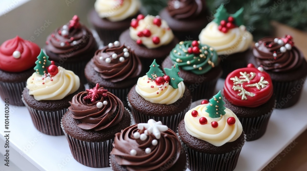 Christmas cupcakes with cream on top, Christmas tree background Christmas cupcakes with cream on top, Christmas tree background
