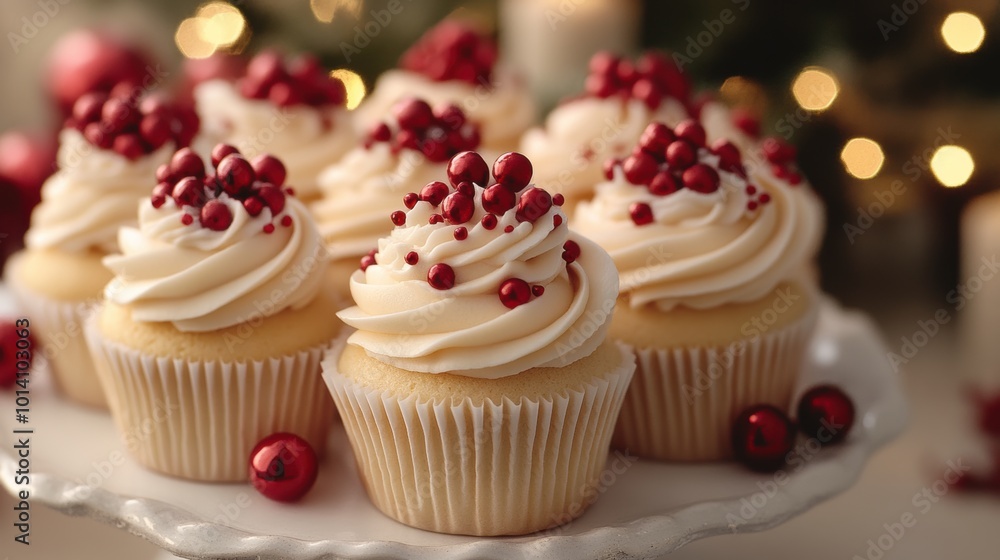 Christmas cupcakes with cream on top, Christmas tree background Christmas cupcakes with cream on top, Christmas tree background