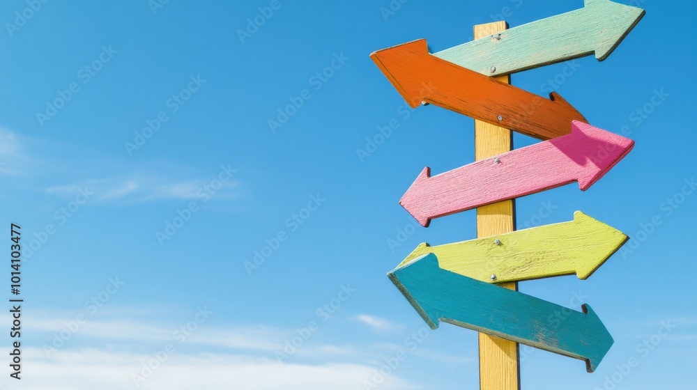 Colorful wooden arrows on a sign on blue sky Colorful wooden arrows on a sign on blue sky