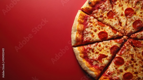 Closeup of pizza on red background, space for text 