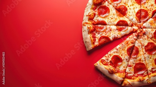 Closeup of pizza on red background, space for text 