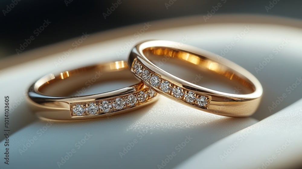 Couple's ring gold diamonds, smooth surface, white background Couple's ring gold diamonds, smooth surface, white background