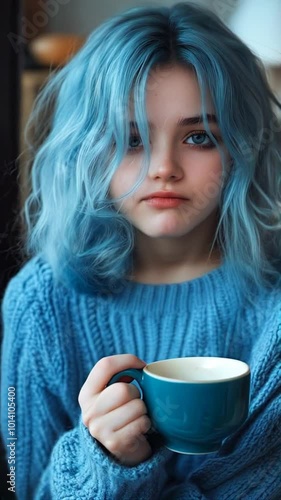 Wallpaper Mural A young woman with striking blue hair gazes thoughtfully while holding a turquoise mug, wearing a cozy blue sweater on a quiet afternoon. Blue monday idea Torontodigital.ca