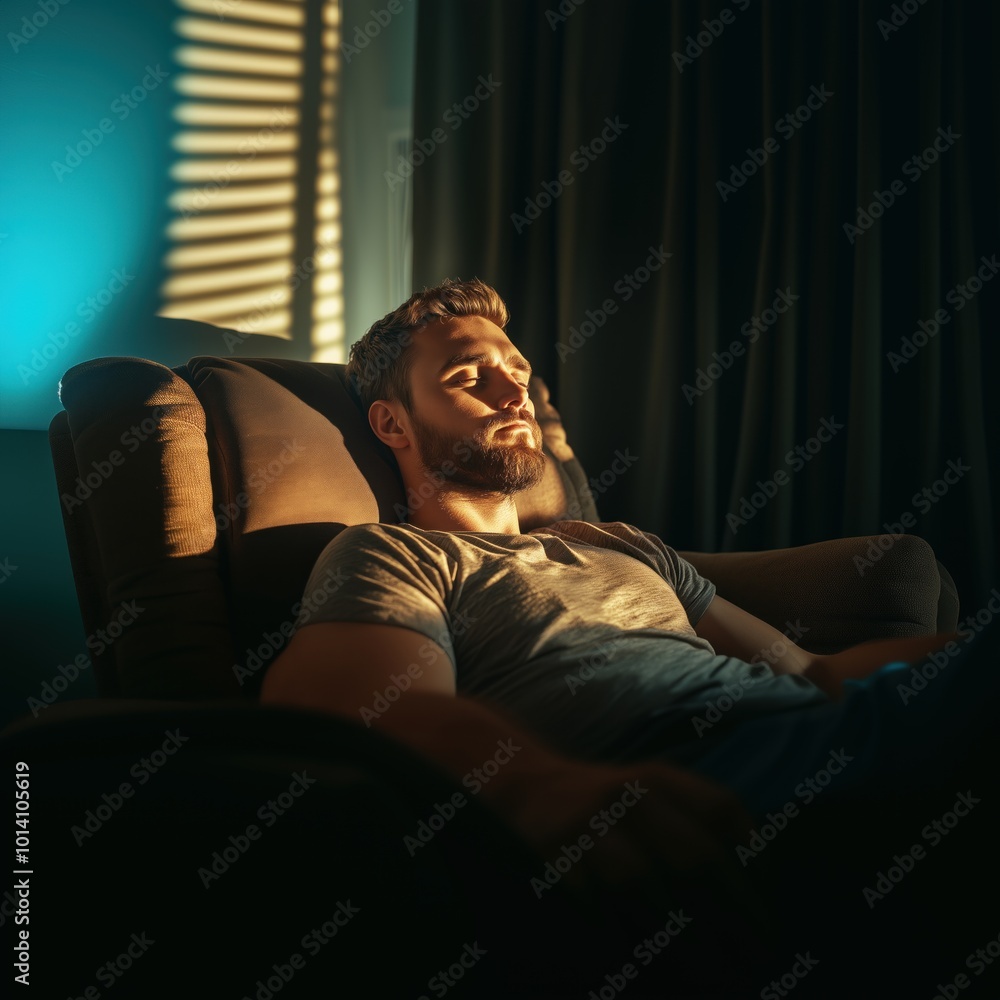 Young man reclining in a chair, peacefully resting in a dimly lit room with sunlight streaming through blinds. The soft, moody lighting creates a tranquil and introspective atmosphere Young man reclining in a chair, peacefully resting in a dimly lit room with sunlight streaming through blinds. The soft, moody lighting creates a tranquil and introspective atmosphere