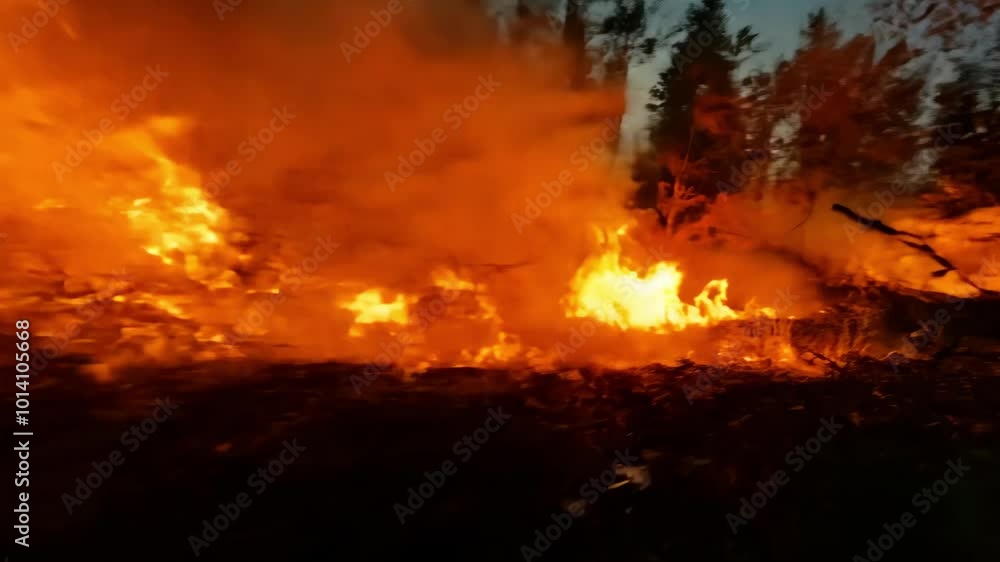 Wildfire rages through forest at dusk, illuminating the trees in flames Wildfire rages through forest at dusk, illuminating the trees in flames