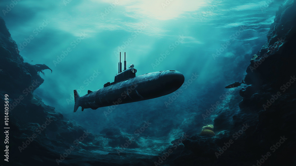 Submarine exploring deep ocean with sun rays piercing through water surface Submarine exploring deep ocean with sun rays piercing through water surface