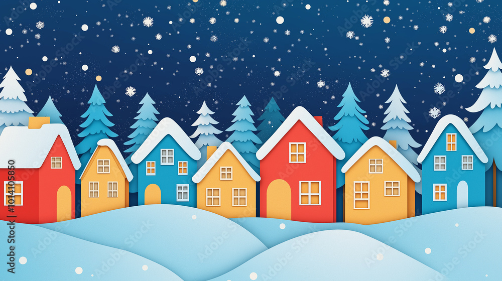 Fototapeta premium Snow falling on colorful paper cut houses in winter wonderland at night